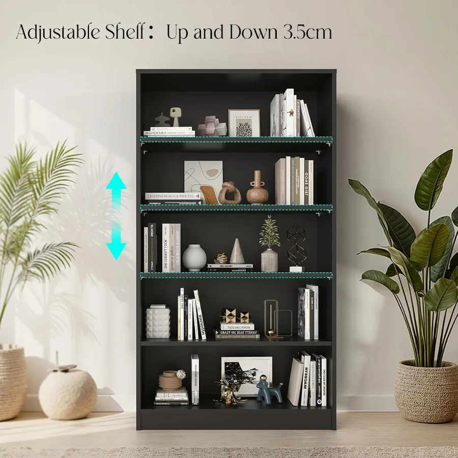 خزانة كتب بطول 60 بوصة مكونة من 5 أرفف، منظم تخزين، رف قابل للتعديل للمنزل والمكتب وغرفة الدراسة، سهل Assey باللون الأسود #5