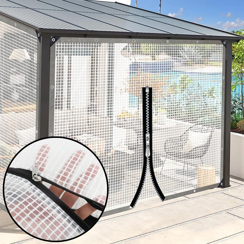 Customize Mesh Tarpaulin with Zipper Yard Pergola Zipper Tarp Outdoor PE Grid Rainproof Cloth Transparent Door Curtain