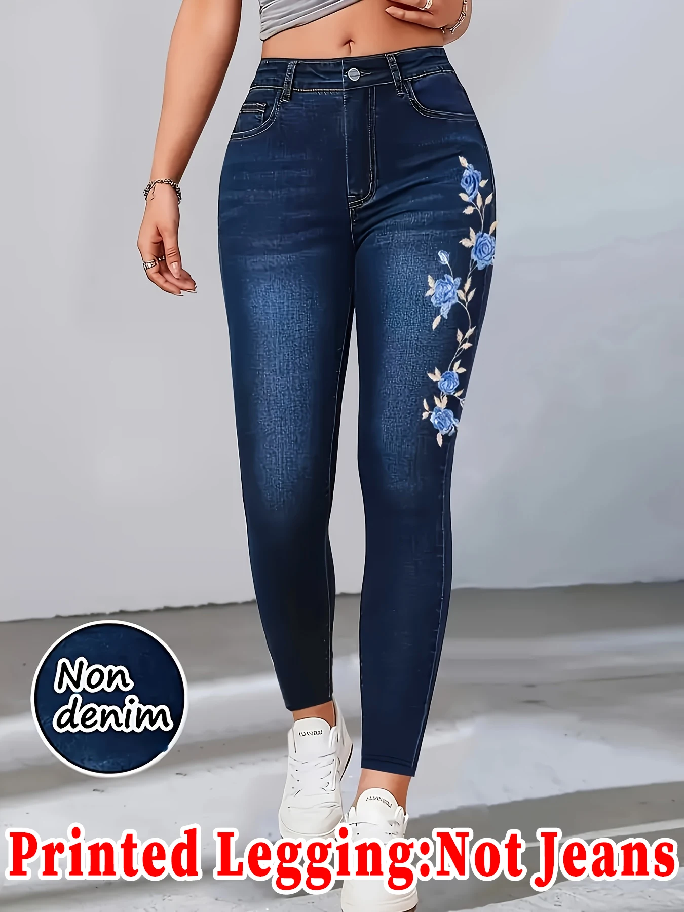 Women's Printed Skinny Pants, High Elastic Seamless Design with Faux Pockets, Casual & Sporty