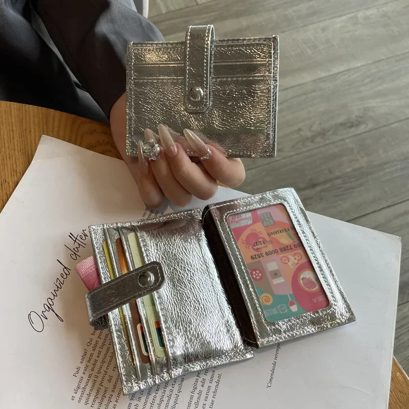 Porte-cartes en cuir véritable argenté pour femme, fente multi-cartes, porte-cartes ultra-mince, sac d'identité de crédit bancaire, mini portefeuille mignon, nouvelle mode