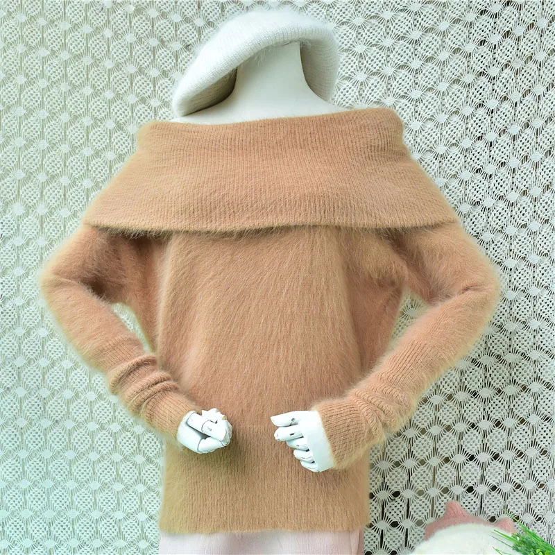 Ladies Women Autumn Winter Fashion Hairy Angora Rabbit Hair Knitted Slash Neck Loose Pullover Sweater Mink Fur Jumper Pull Tops