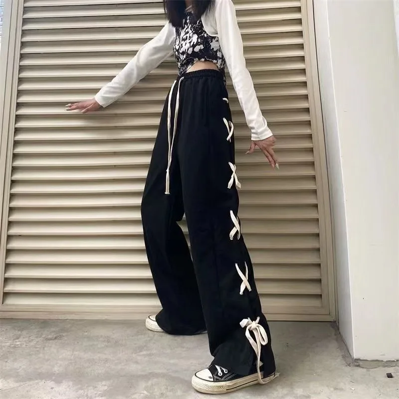 

Side Bandage Design High Waist Wide Leg Pants Women Casual Trousers Harajuku Vintage Y2k Korean Pants Streetwear Sweatpants