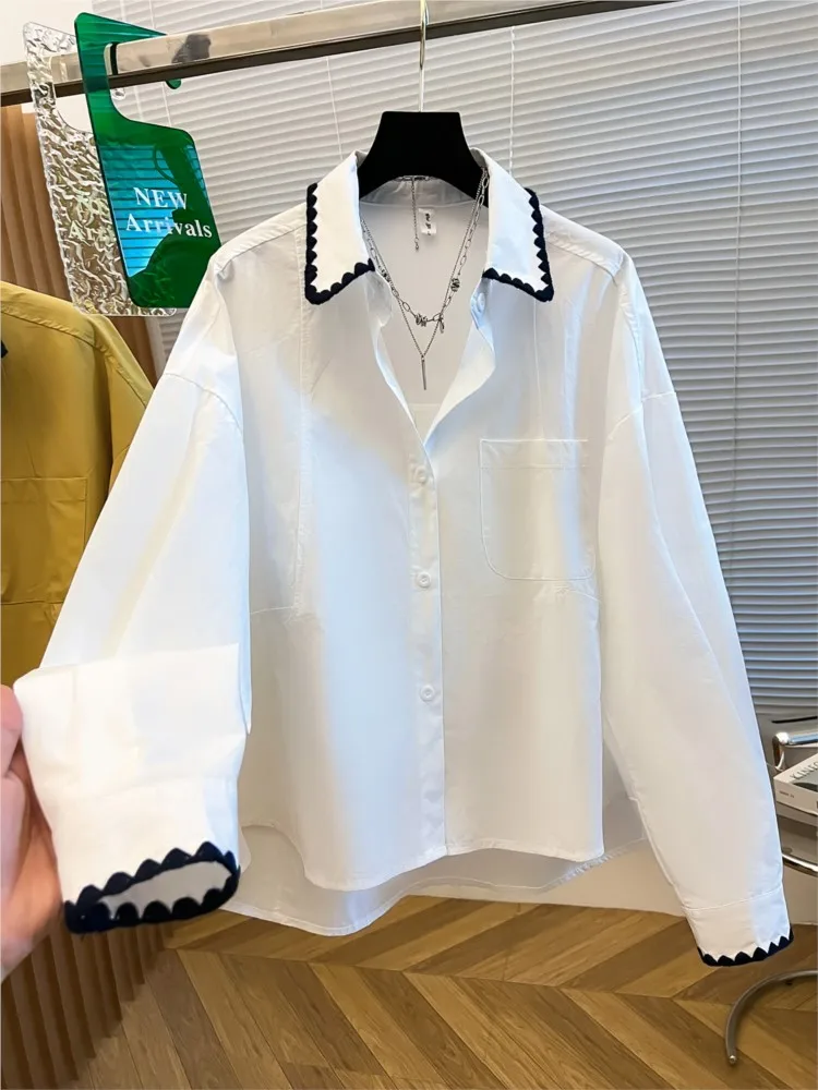 Loose Long Sleeve Women shirt Korean Yellow Floral Trim Splicing Breathable Comfortable Cotton Commute Fashion Ladies tops