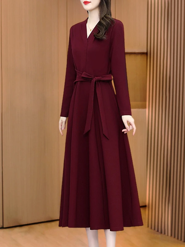 Ele Red V-ne スリミング ロング Sve Dr レディース ファイオン ハイウエスト A ライン スカート 韓国 Sle 通勤 秋 新着