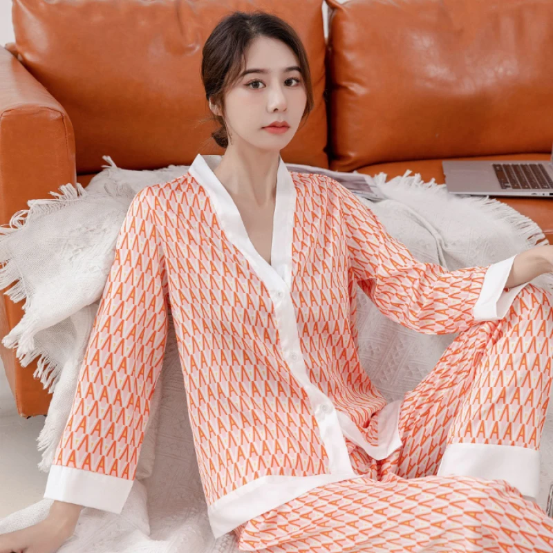 New Love Letter Print Women\'s Pajamas Button V-Neck Design 2024 Autumn Fashion Sleepwear Sets Soft Casual Cute Korean Homewear