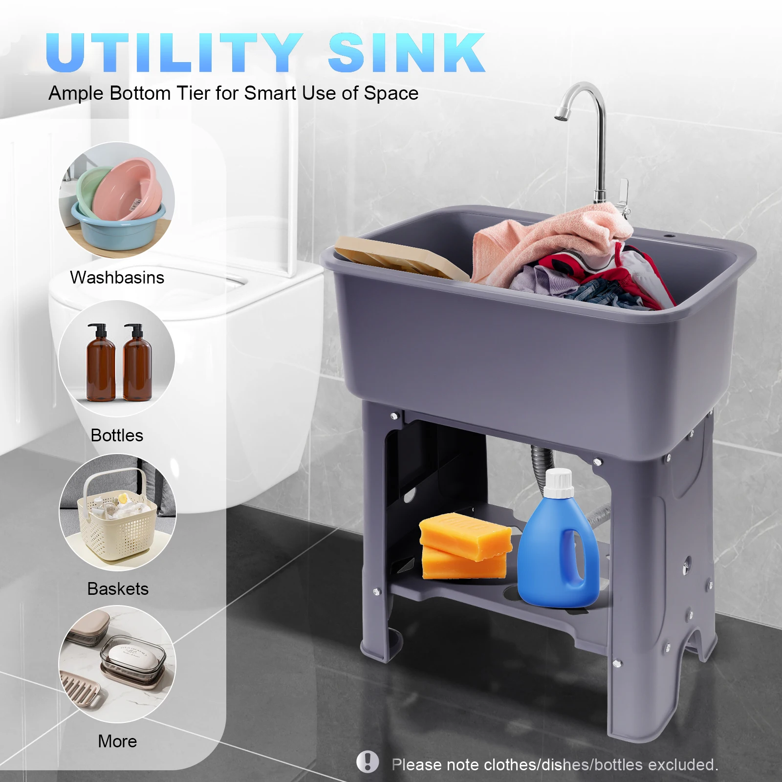 حوض غسيل قائم بذاته مع صنبور، حوض غسيل كبير سعة 48 لتر، حوض PP رمادي/أسود لغرفة الغسيل، المرآب، المطبخ