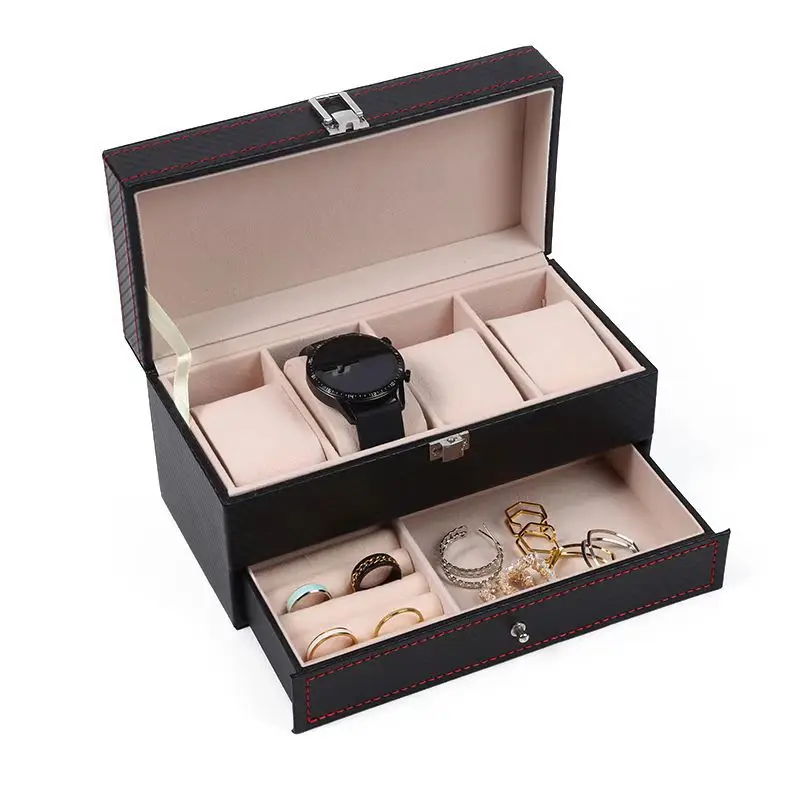 VANSIHO Handmade Double-deck 4 Grids PU Leather Storage Box For Watch/Jewelry/Ring