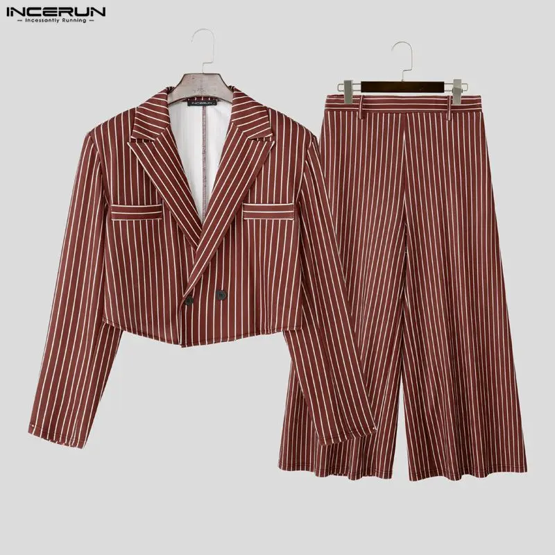 

INCERUN Men Striped Sets Elegant Lapel Long Sleeve Crop Blazer & Wide Leg Pants 2PCS Streetwear Loose Fashion Men's Casual Suits