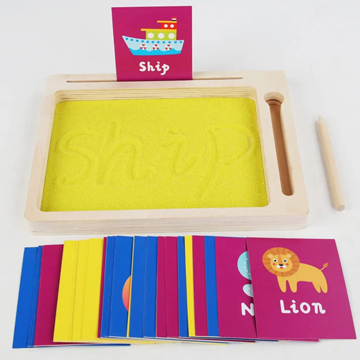 Mesa de arena de madera Montessori con bolígrafo y tarjeta para escribir letras, bandeja de arena, juguetes para niños, alfabeto y aprendizaje de números