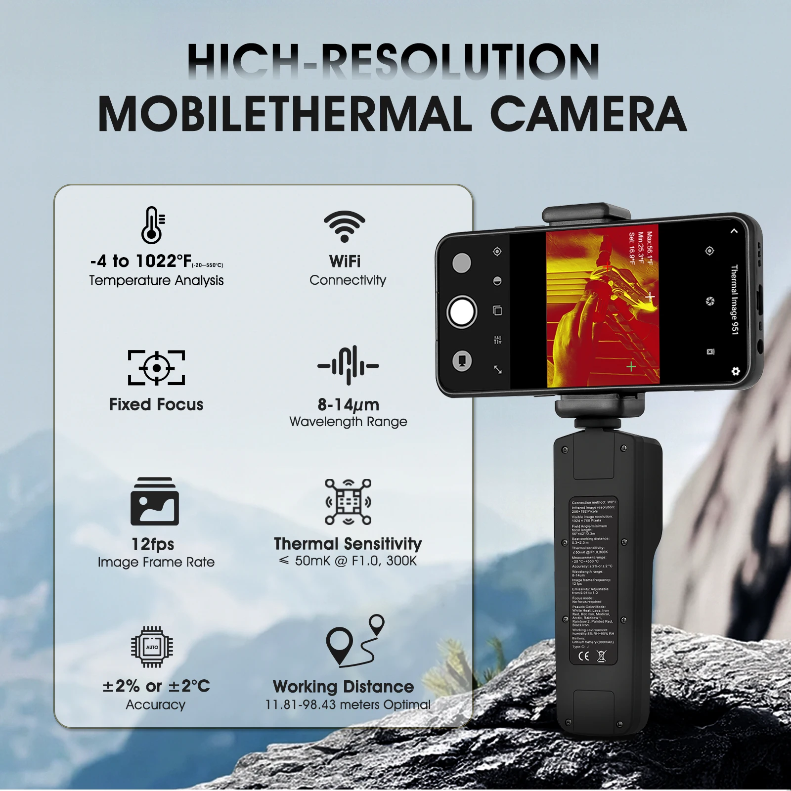 

Wireless Phone Thermal Imager: 256x192 IR, -20°C~550°C, 10 Palettes, Wi-Fi, 12fps, Dual Cam, Easy App for iOS & Android
