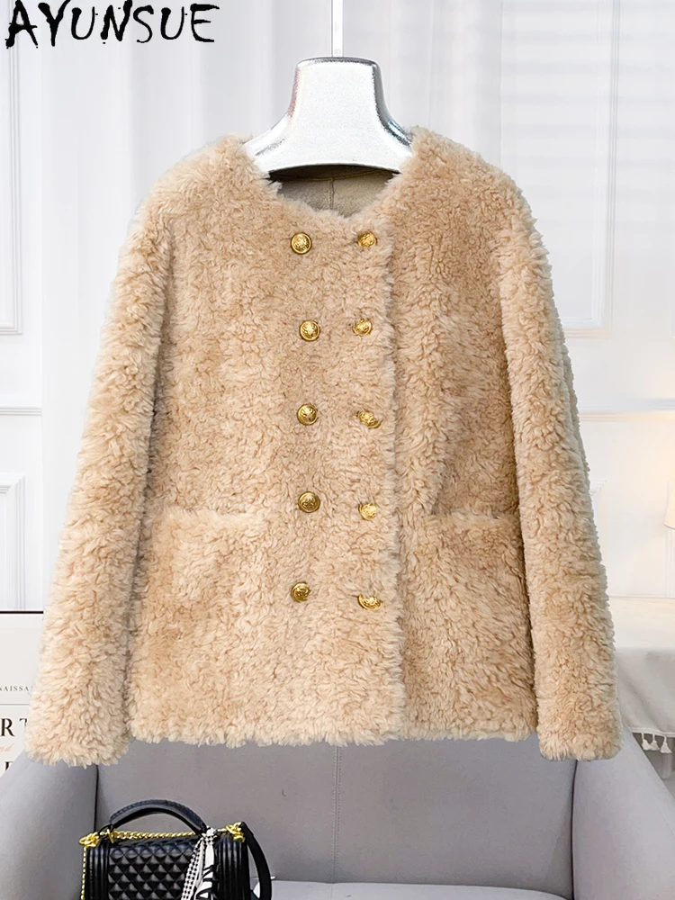 سترة نسائية من الصوف الطبيعي 100% من AYUNSUE سترة أنيقة من فرو الضأن ملابس نسائية لخريف وشتاء 2025 جديدة في ملابس خارجية Abrigo Mujer