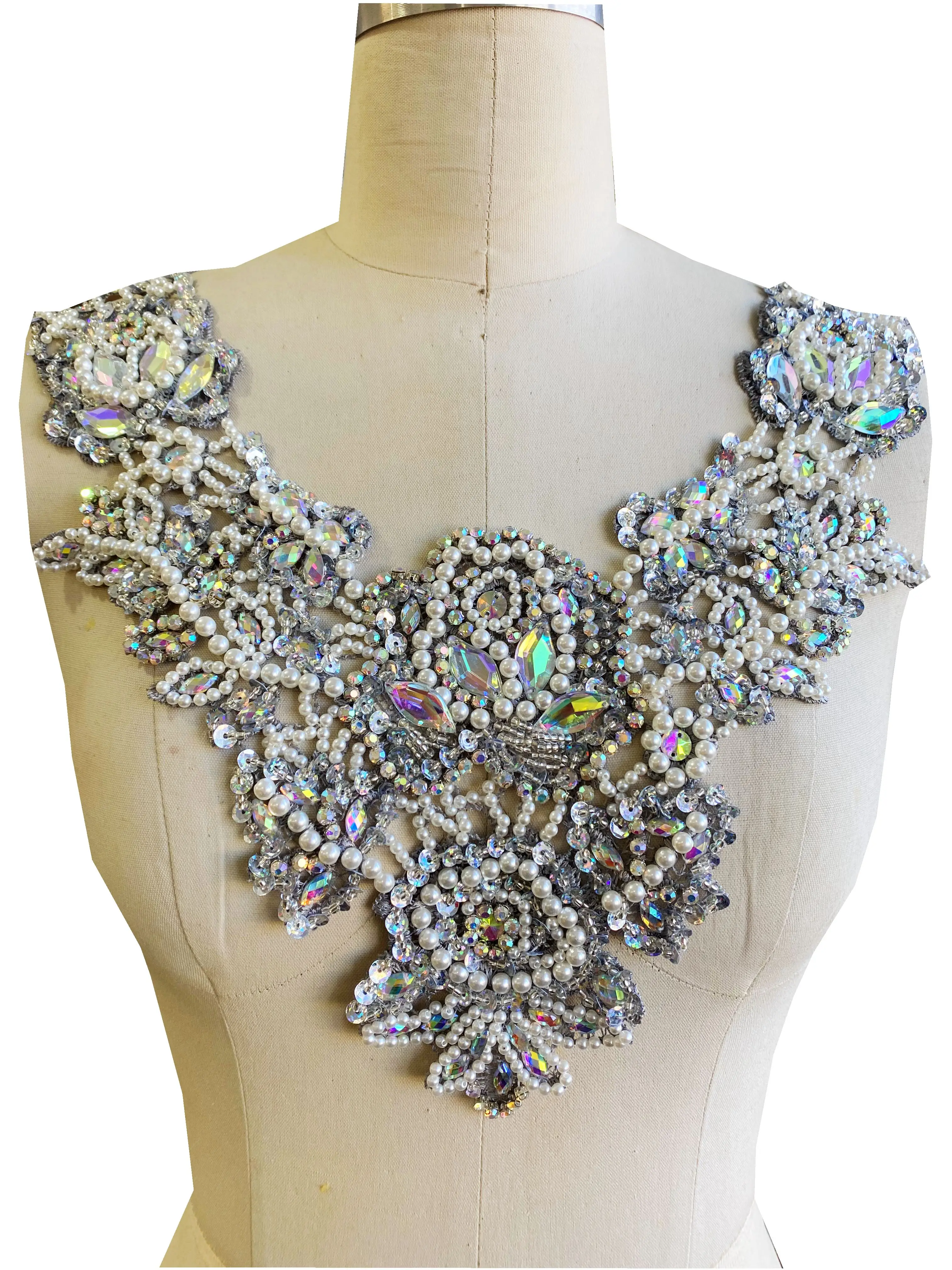 Luxury O Neck Evening Dress Fabric Beading Tulle Apparel Decoration Diamond Rhinestone Appliqued Prom Gown Material
