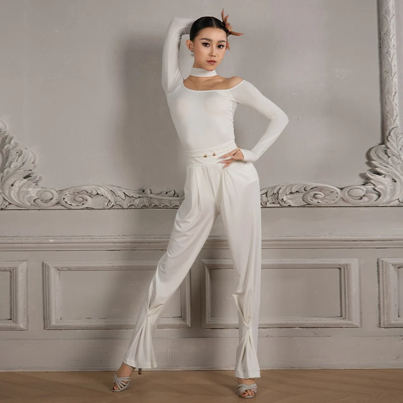 New Latin Dance Clothes Women Long Sleeves White Tops Pants Ballroom Dance Practice Clothing Rumba Cha Cha Dance Wear BL14554