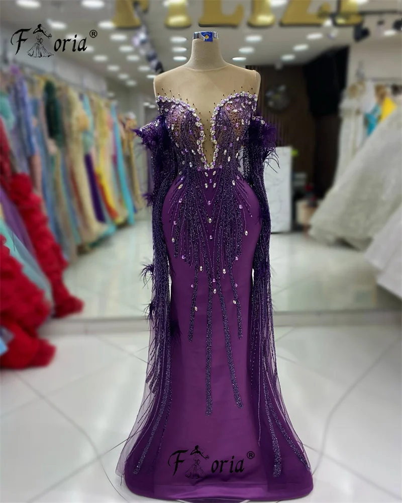 Vestido de noite roxo frisado sereia para mulheres, xale longo, vestidos de festa muçulmanos, Oriente Médio, luxo, ocasião formal