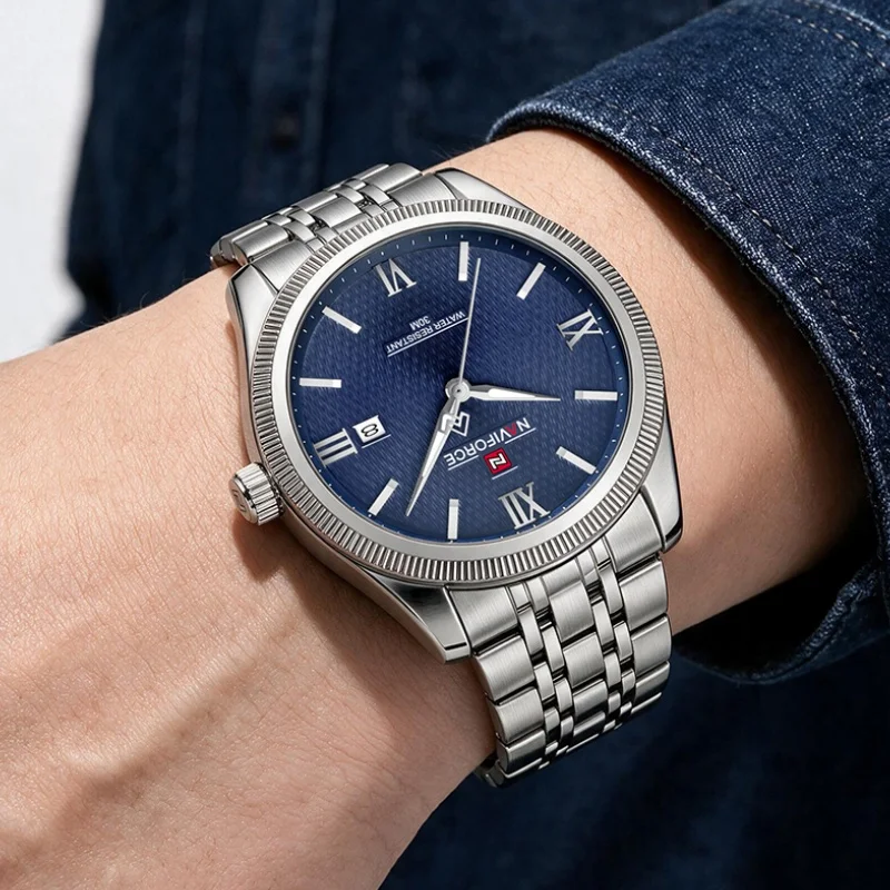 NAVIFORCE Casual Fashion Male Quartz Business Watch Calendar Waterproof Steel Strap Classic Simple Clock Mature Style Wristwatch
