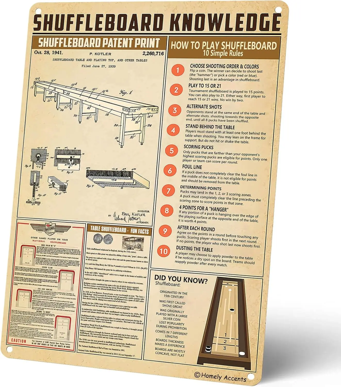 Vintage Shuffleboard Knowledge Metal Tin Sign - Decorative Poster with Rules, Gift for Game Enthusiasts, Man Cave Bar Club  sign