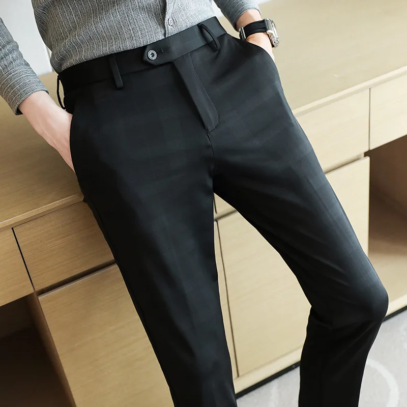 Summer High Elastic Ice Silk Trousers for Men Business Dress Pants Casual Slim Office Social Suit Pants Streetwear Costume Homme