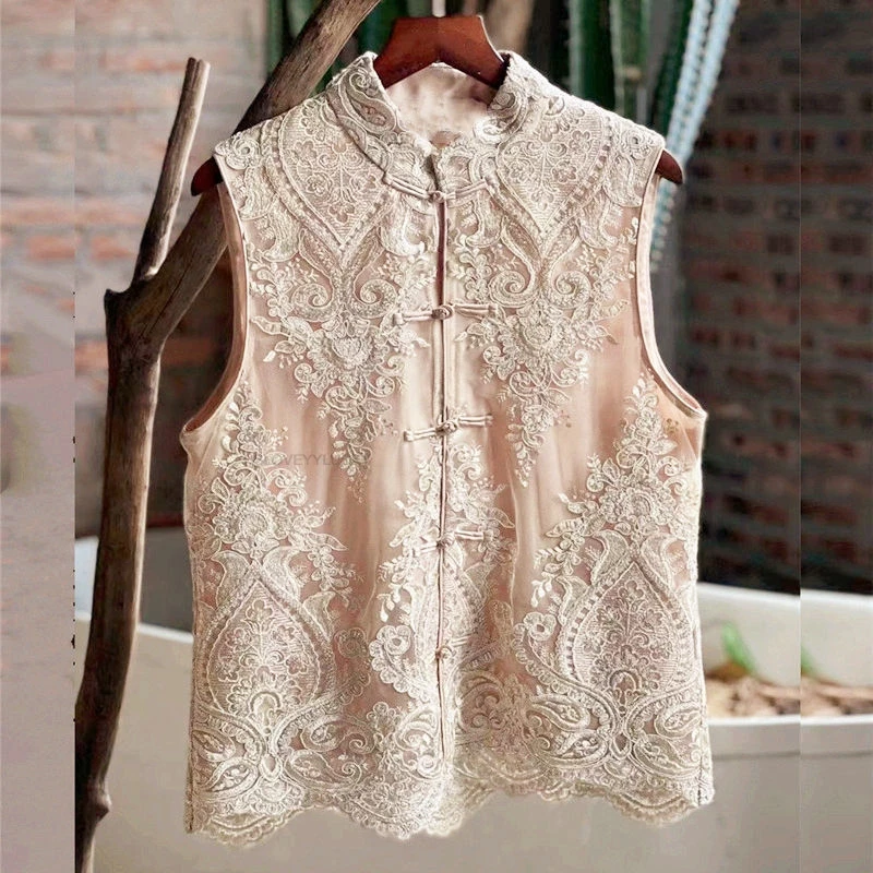 

Chinese Style Traditional Clothing Women Lace Embroidery Vest Top 3xl Retro Elegant Sleeveless Vest Tangsuit Hanfu Top