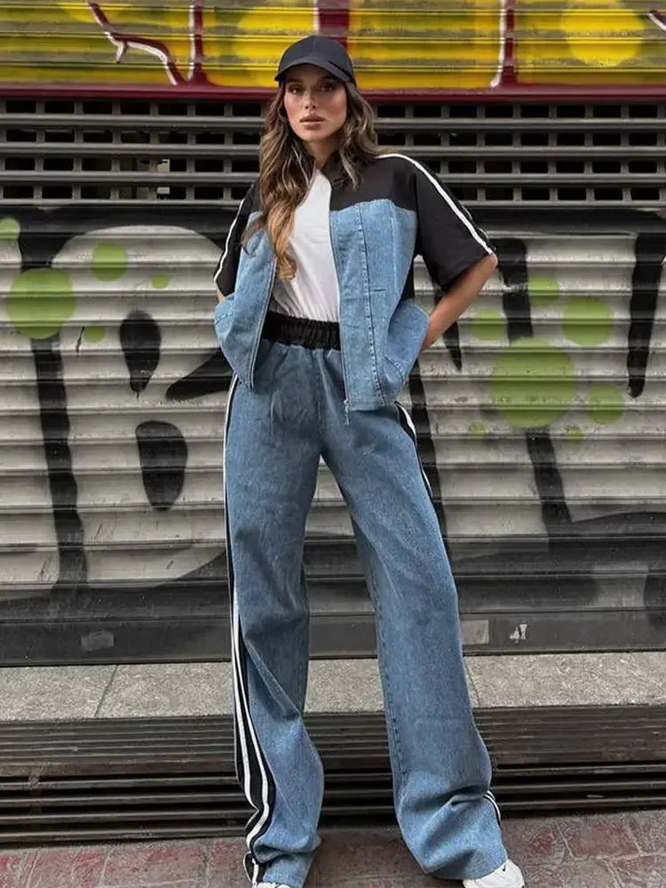 المرقعة شريط الدنيم المرأة رياضية الوقوف طوق نصف كم جاكيت زيبرا فضفاض الخصر جان الإناث 2 قطعة 2025 سيدة الزي