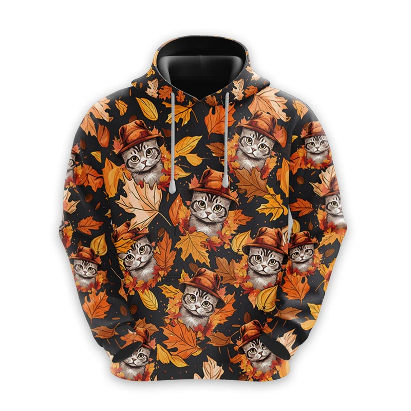 Maple Leaf Cat Graphic Sweatshirt Happy Thanksgiving Hoodie For Men Clothes Cute Pet Cats Pullovers Scottish Fold Shorthair Tops