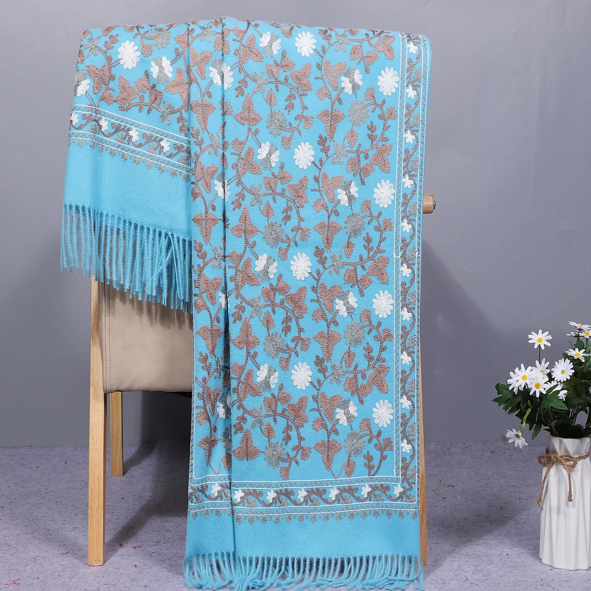 New Artificial Cashmere Shawls Scarves Women Wrap Chal Soft Embroidery Flower Pashmina Mujer Bufanda Tassels Muffler Poncho