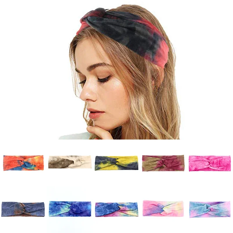 Fashion Cross Tie Dye Headbands Wide Twist Knot Sport Yoga Turbans for Women Girls Stretch Hairbands Bandage Hair Accessories