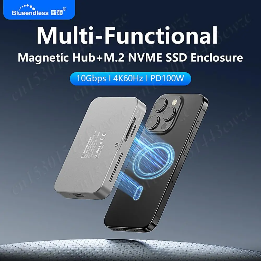 

10Gbps Magnetic M.2 NVME SSD Enclosure with Cooling Fan USB-C Docking Station Hub 4k 60Hz Video Storage for iPhone 16/15/15 Pro