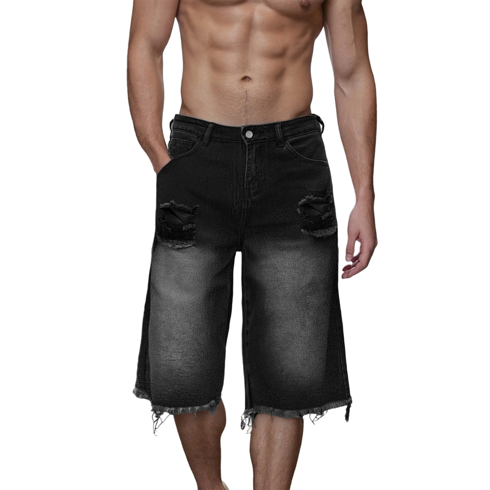 

Men Denim Capri Shorts Loose Distressed Ripped Wide Leg Long Shorts For Beach Vacation Summer Party Daily Wear Streetwear