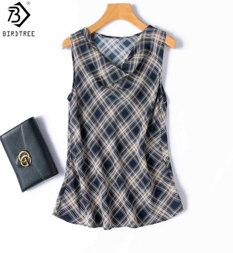 

Birdtree Women's 100% Mulberry Silk Bias-cut Vest Tops, Double Crepe Sleeveless Scottish Plaid Pattern Vest,2025 New T57205JF