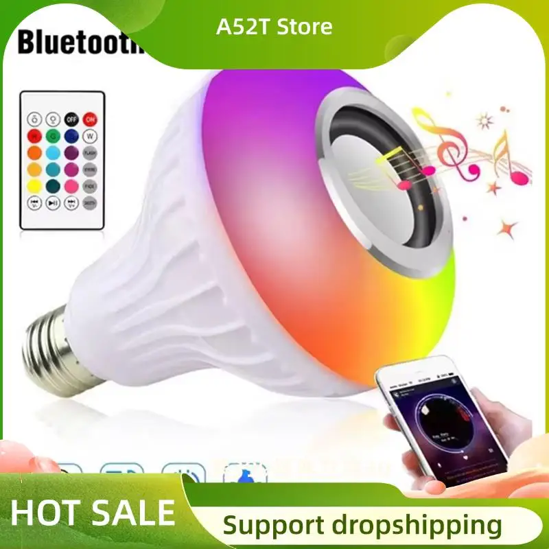 

A52T E27 Smart RGB Wireless Bluetooth Speaker Bulb Music Playing Dimmable LED Bulb Light Lamp With Remote Controller