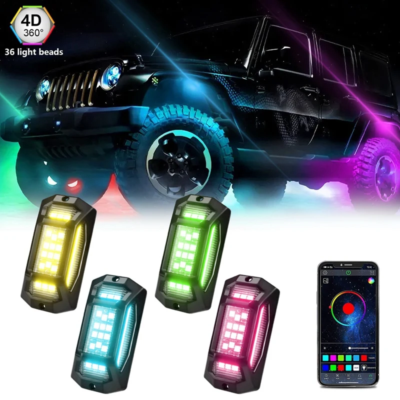 4 Pods Rock Lights For Trucks, RGB Underglow LED Lights For Cars APP Control Music Mode Multicolor Underglow Lights