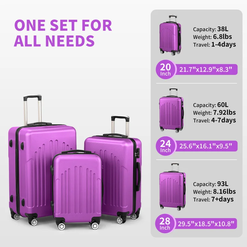

Luggage Set of 3, ABS+PC Hardside Suitcase Sets with TSA Lock 4 Spinner Wheels, Lightweight Trolley Travel Case for Carry On Che