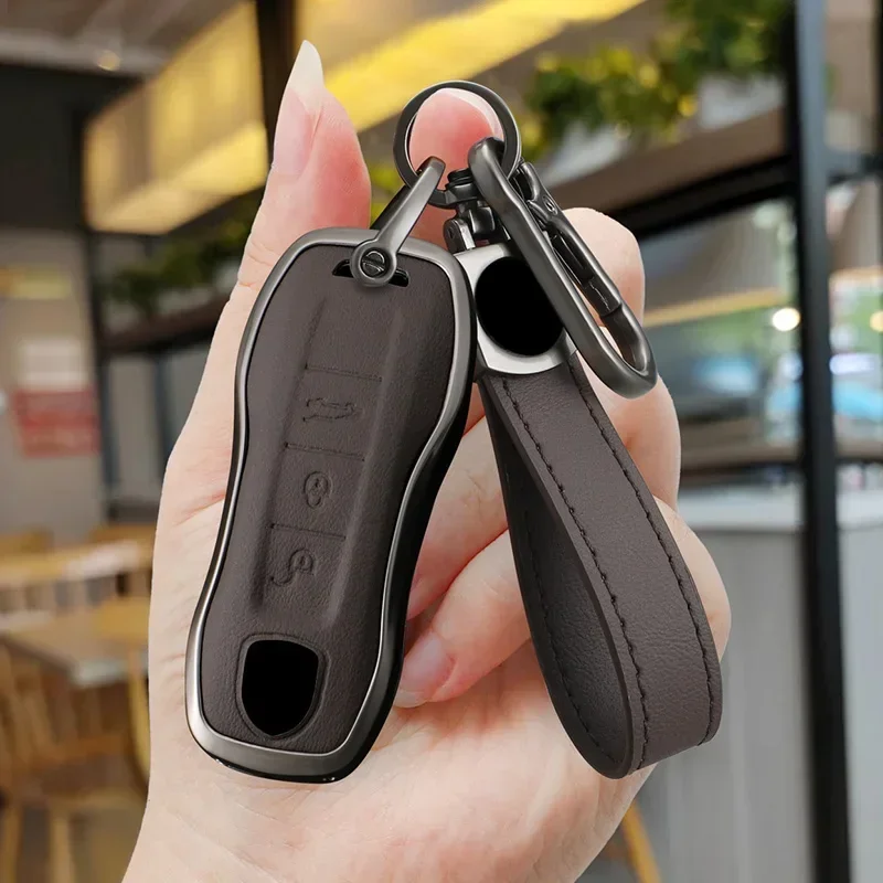 Stylish Leather + Alloy Porsche Key Bag With Metal Buckle Suitable For Macan Panamera911 918 718 958 991 971 Taycan Car Key Case