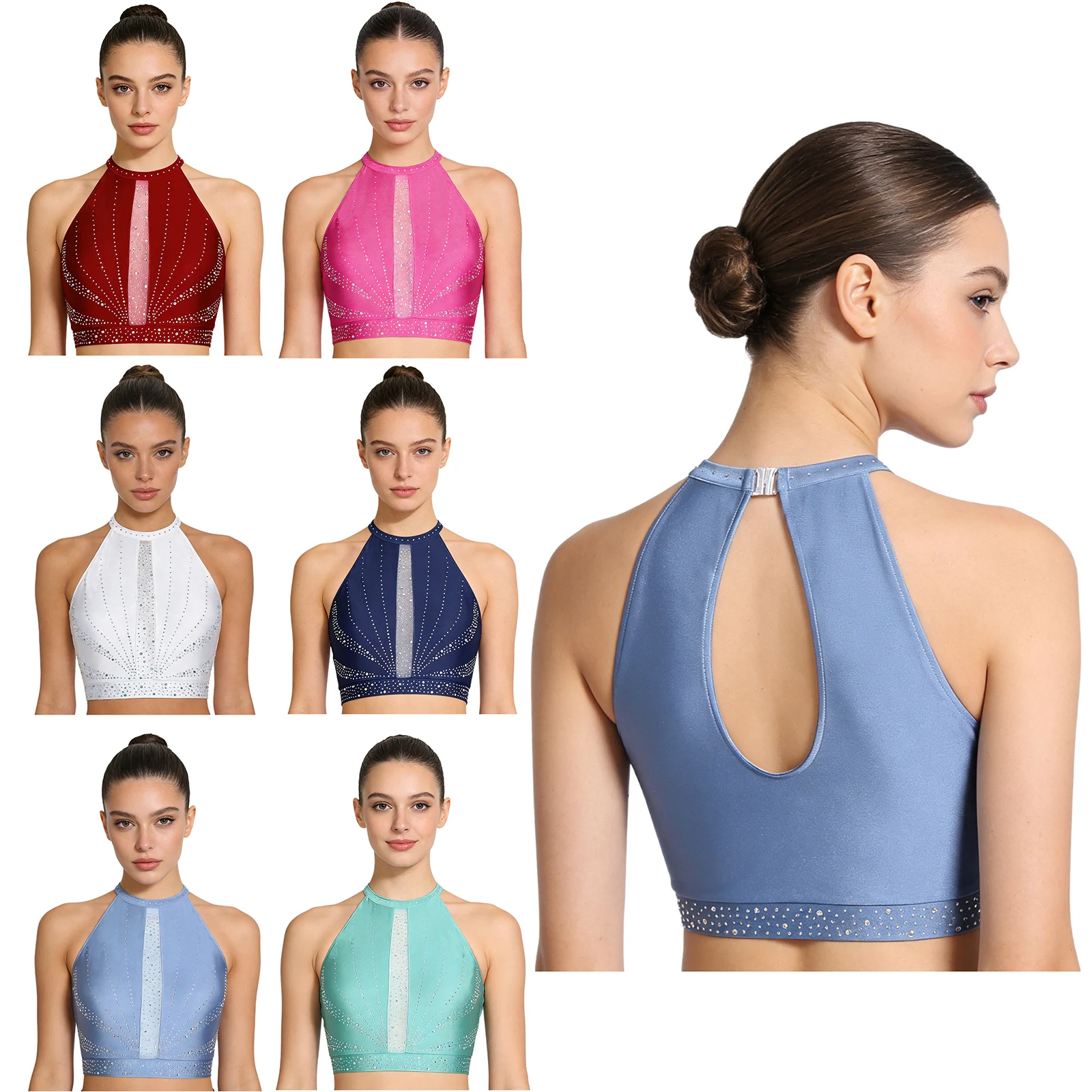 

Женский танцевальный кроп-топ для балета и гимнастики, блестящий, со стразами, без рукавов, для современного фигурного катания и танца живота