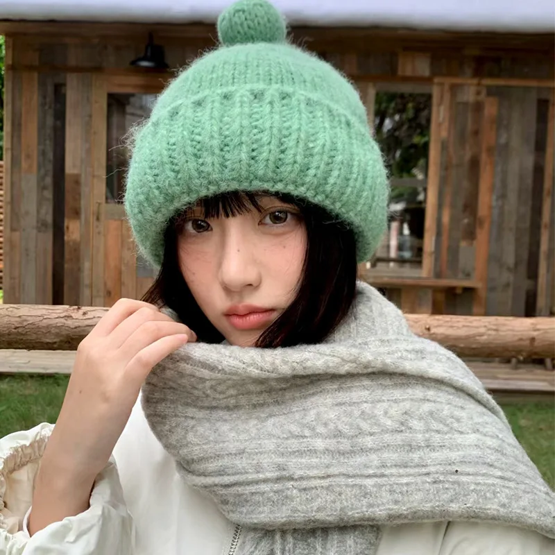 

Korean Simple Solid Color Crimped Pullover Knitted Hat Autumn and Winter Casual Versatile Hairball Skull Beanie Caps for Women's