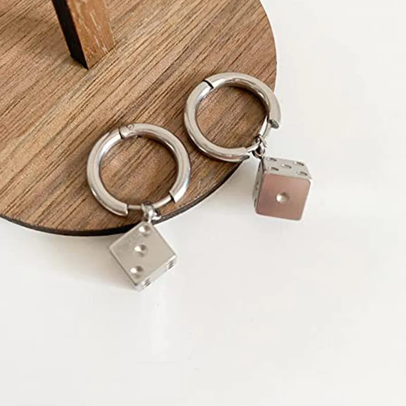 Trendy Punk Dice Pedant Stainless Steel Earrings Cool Square Geometric Stud Ear Jewelry Party Gifts For Women Men