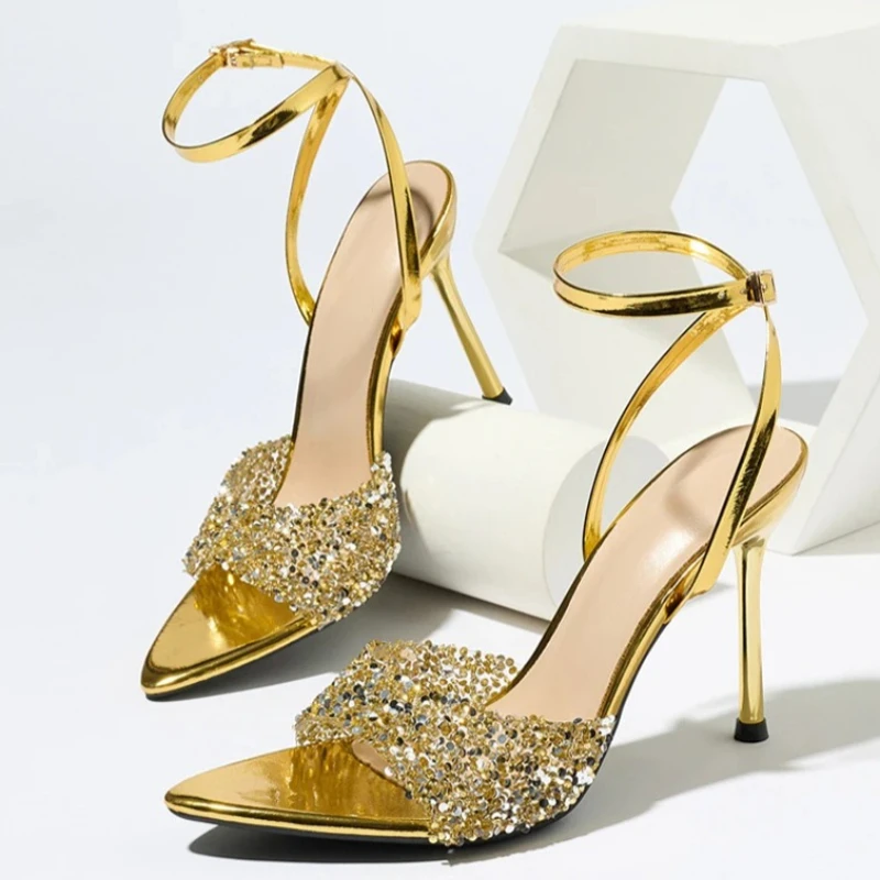 

Luxury Ankle Buckle Strap Gold Heeled Sandals Women Shiny Rhinestone PVC Design Elegant High Heels Sexy Pointed Toe Dress Shoes