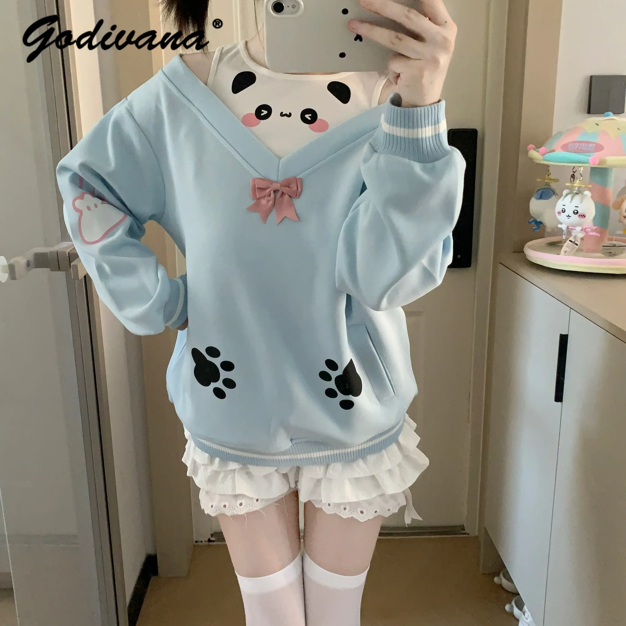 Autumn New Student Daughters Fake Two-Piece Cute Panda Off Shoulder Long Sleeve Sweatshirt Female Casual Pullover Shirts
