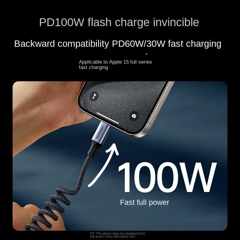 

UGREEN Автомобильный пружинный кабель USB C к USB C 100 Вт PD Быстрая зарядка для Apple huawei Samsung iPhone 16 15 USB Type C Cabe Android Braid