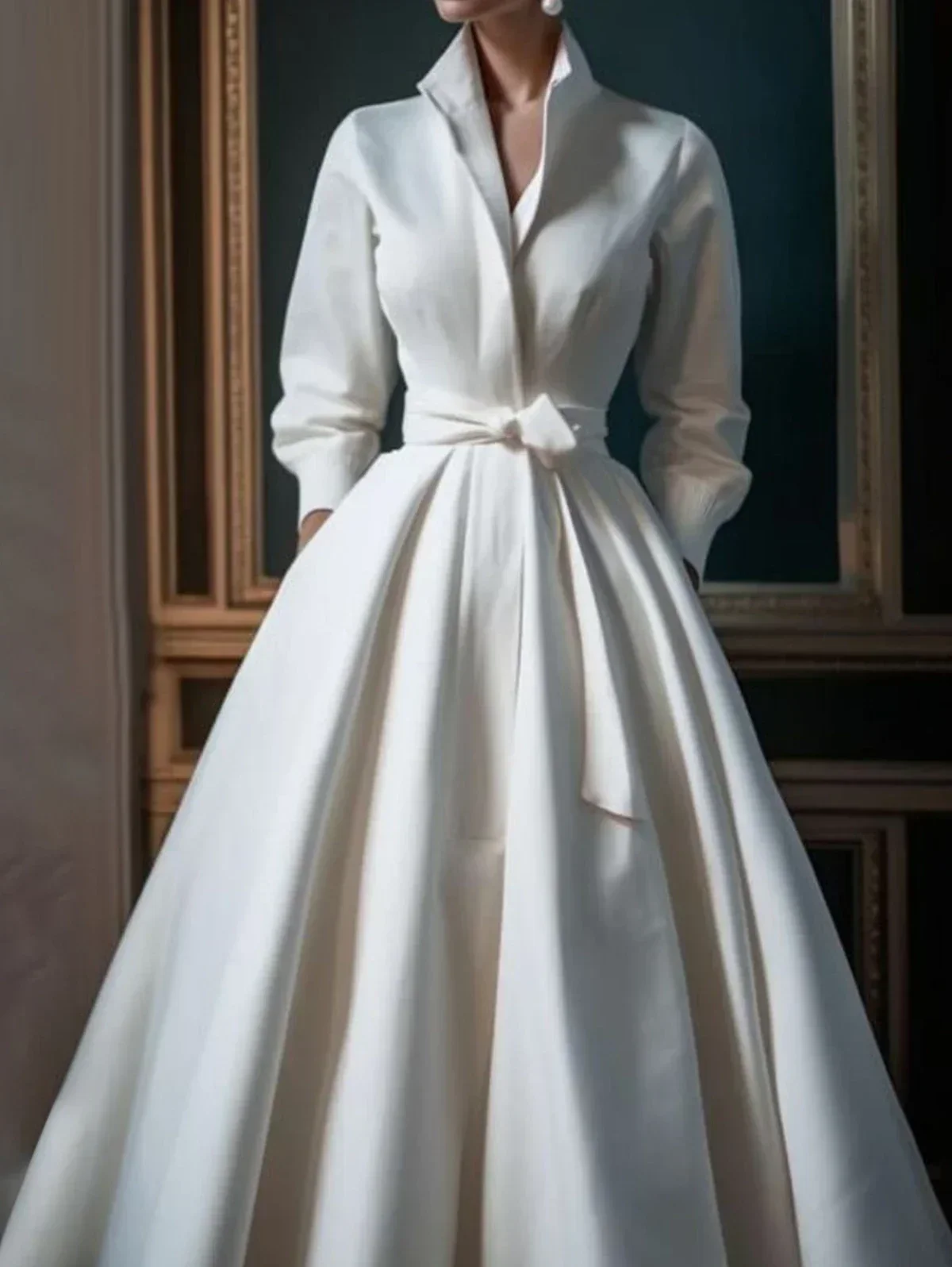 Robe Chemise Élégante à Manches sulfpour Femme, Col Montant, Blanc Minimaliste, Ligne A Plissée, Invité de Mariage, Longue avec Blet, 2024