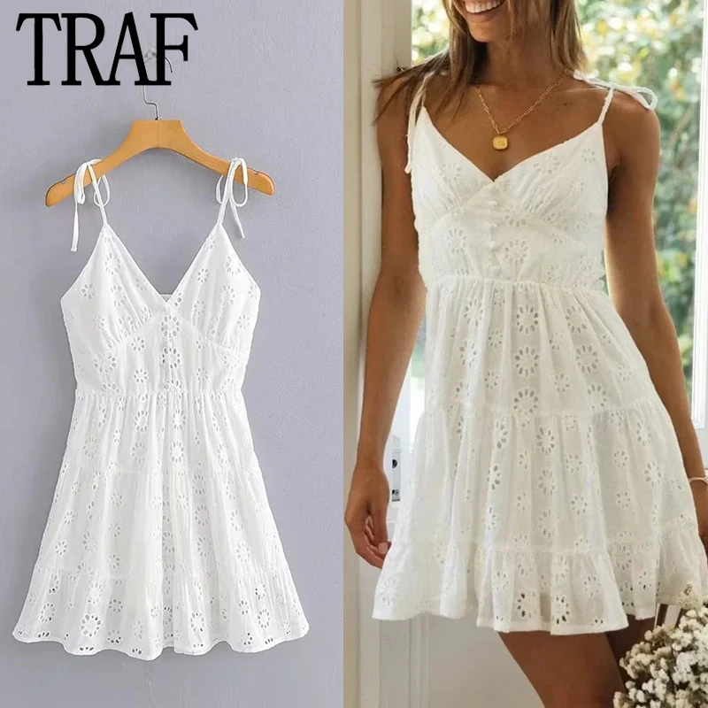 TRAF Embroidered Cutwork Dress Fashion Summer Dresses 2024 Mini White V-Neck Strappy Sleeve Slip Dress Women Elegant Party Dress