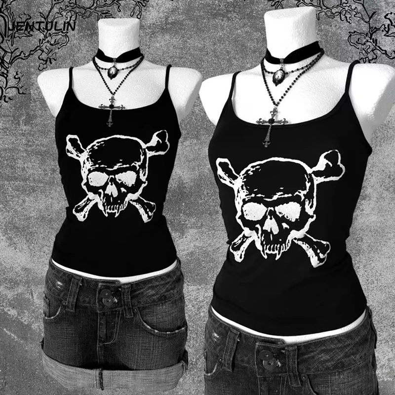Retro Vest Punk Style E-girl Aesthetic Baby Tees Summer Tops Gothic Grunge Crop Tops Vintage Women Skeleton Graphics Black Tops