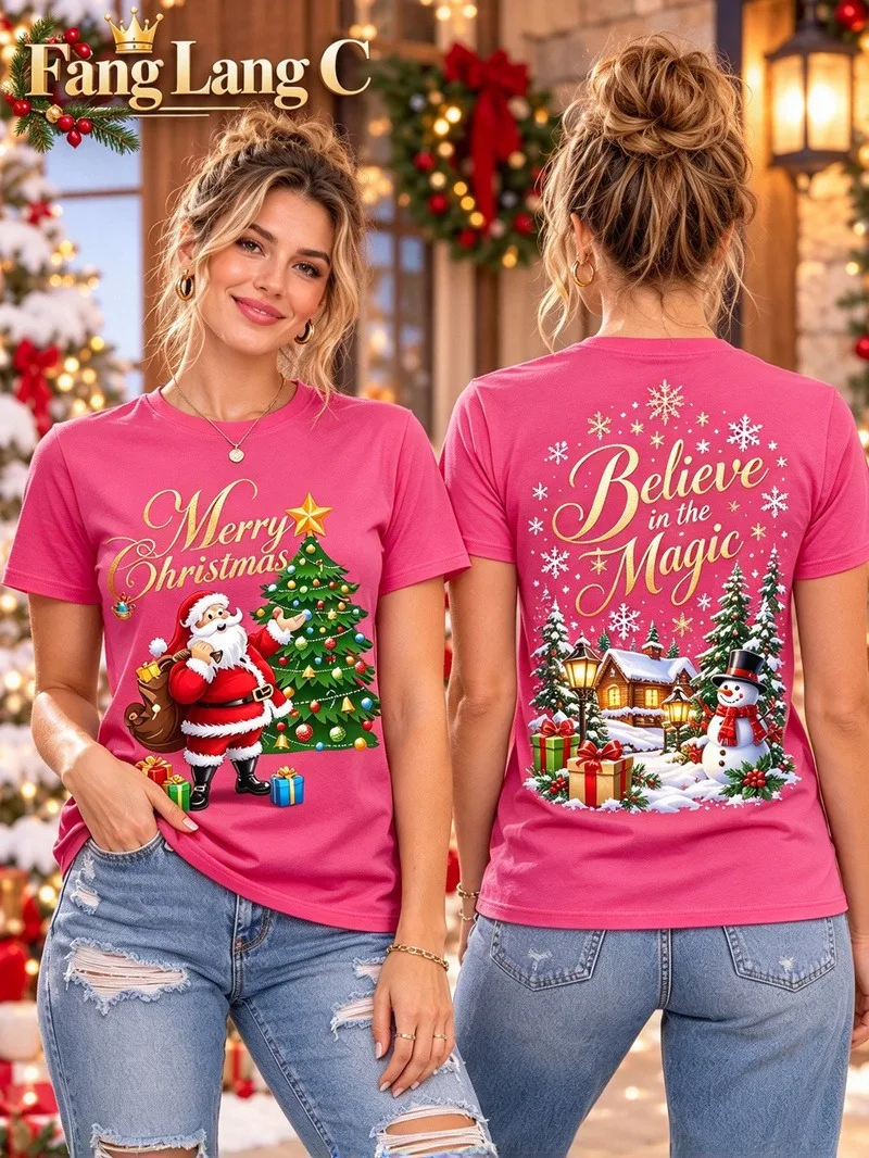 Santa Claus Christmas Tree Printed Women's T-shirt summer loose round neck short sleeved T-shirt casual sports women's clothing