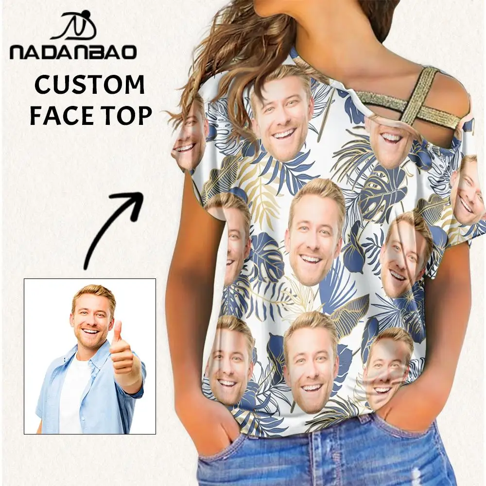Your Image Customized Face Tropical Print Top Custom Sequined Cross Striped Women's Top DIY Your Picture Off Shoulder Tee Shirt
