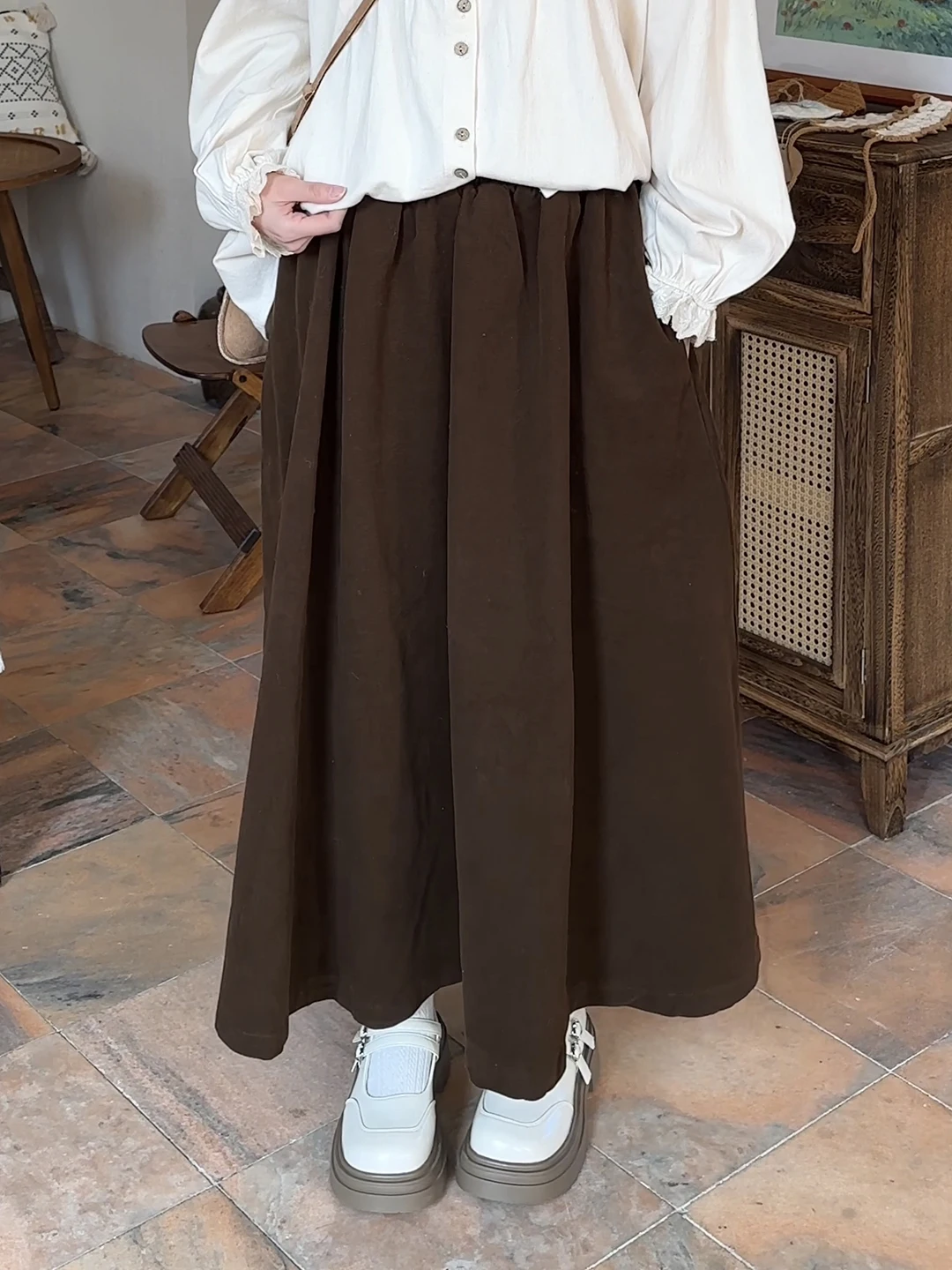 

Retro Commuter Long A-Line Skirt Thickened Cotton Flocking Pure Color Autumn Winter High Waist Women's Fashion Skirt