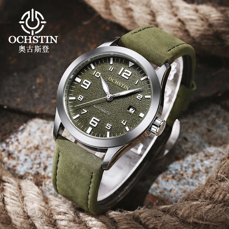 OCHSTIN Man Mechanical Pilot Wrist Watches Luxury Self Wind Leather Mechanic Male Clock Auto Date Relogio Masculino Gift for Men