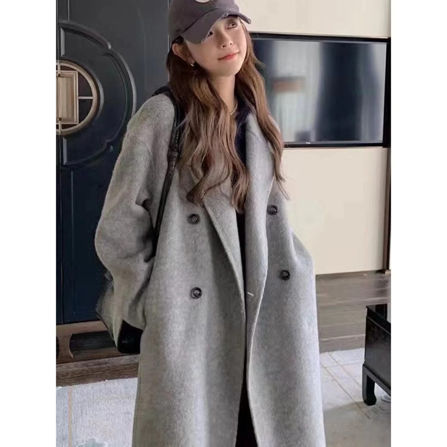 Allingentle Luxury Women's Long Blazer Woolen V-Neck Jacket for Cocktail Party Daily Casual Outfits Customize