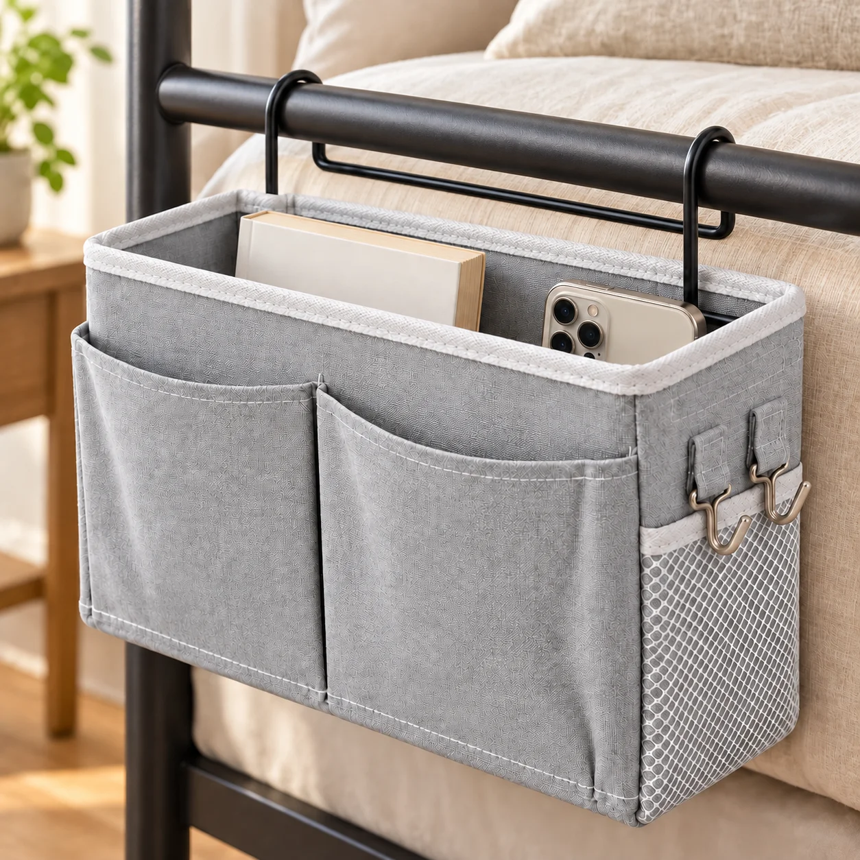 Bedside Caddy for Bunk Beds & Dorm Rooms, Gray Hanging Storage Basket with 2 Front Pockets, Side Mesh Pocket & 2 Hooks