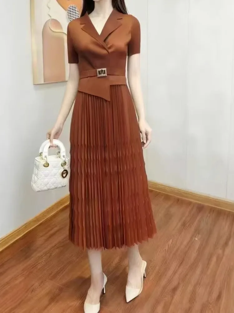 Miyake Folds 2025 Spot Loose Fashion Women's Dress Fashion Slim Suit Collar Short Sleeve Long Dress New