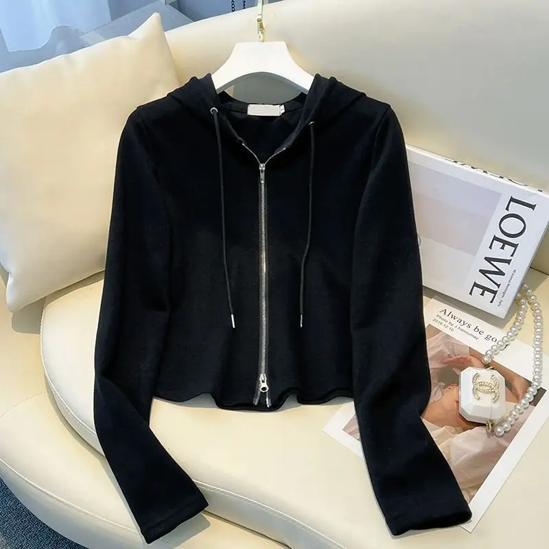 2025 New Sweater Women's Double-ended Zipper Hooded Slim-fitting Short Bottoming Shirt Polished Top Jacket